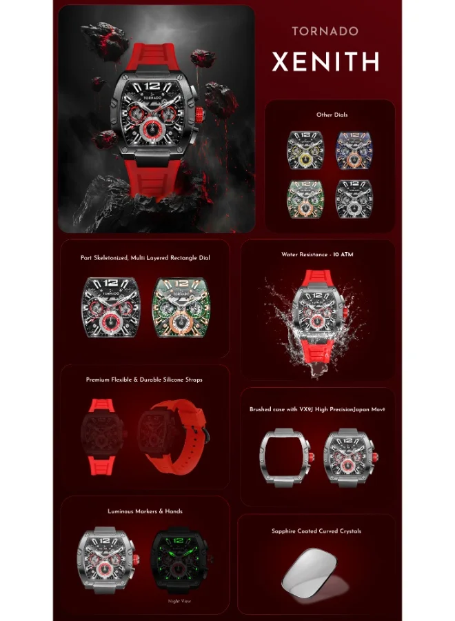 TORNADO Tornado Xenith Men's VX9J, High Precision Japanese Quartz Movement Watch, Multi Function Display and Premium Flexible & Durable Silicone Strap - T23105-XSRB, Red