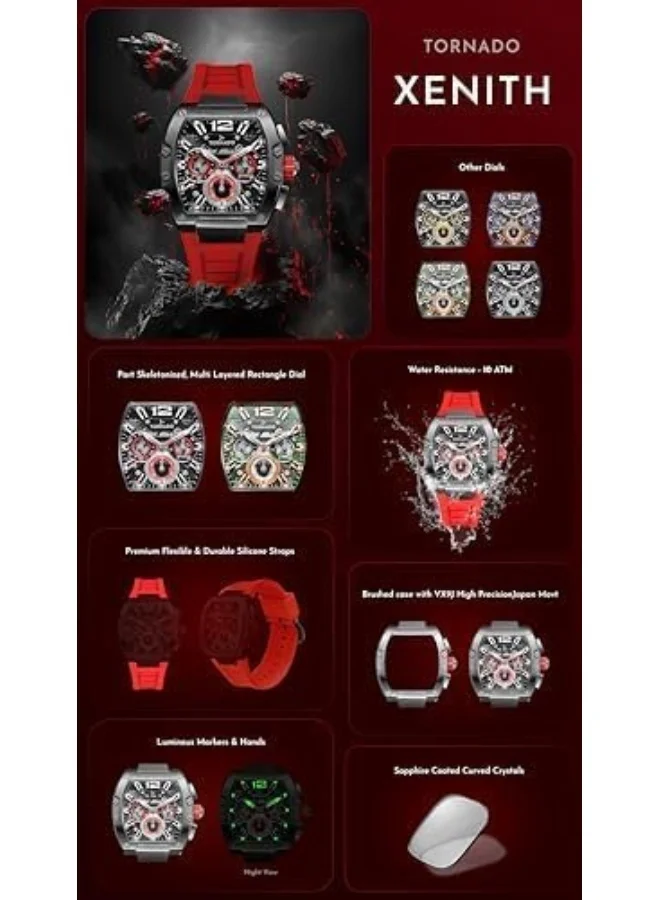 TORNADO Tornado Xenith Men's VX9J, High Precision Japanese Quartz Movement Watch, Multi Function Display and Premium Flexible & Durable Silicone Strap - T23105-XSRB, Red