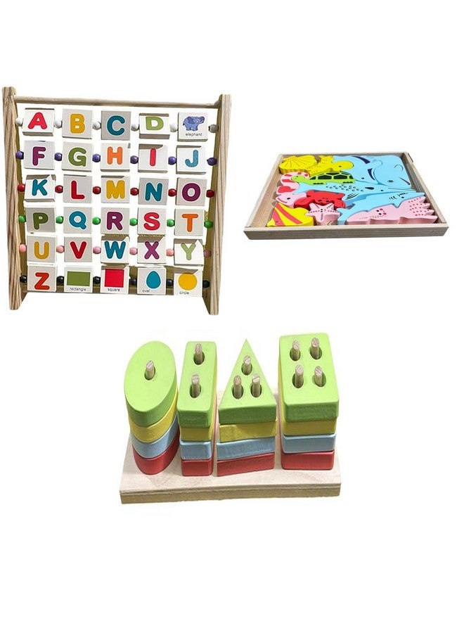 Kinder Creative Alphabet Abacus Learning Toy,3D Sea Animals Stacking Puzzle,Geometrical Column Blocks for Toddlers, Educational Puzzle and Toys for Kids Pack of 3 - Image 1