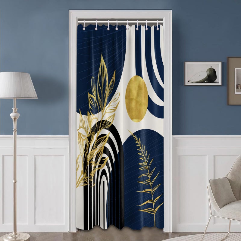 QGHOT Boho Mid Century Modern Shower Curtain Navy Blue Shower Curtains for Mens Bathroom Decor Bohemian Dark Blue and Gold Leaves MCM Bath Curtain Set  Waterproof Fabric with Hooks  36"" W x 72"" L - Image 2