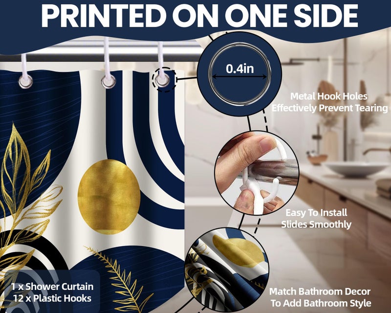 QGHOT Boho Mid Century Modern Shower Curtain Navy Blue Shower Curtains for Mens Bathroom Decor Bohemian Dark Blue and Gold Leaves MCM Bath Curtain Set  Waterproof Fabric with Hooks  36"" W x 72"" L - Image 5