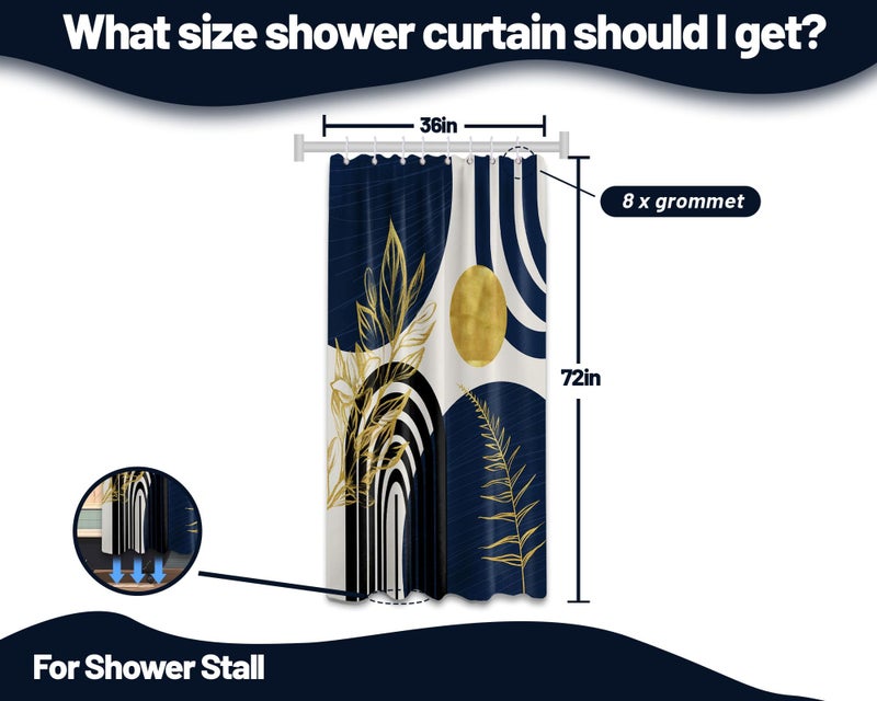 QGHOT Boho Mid Century Modern Shower Curtain Navy Blue Shower Curtains for Mens Bathroom Decor Bohemian Dark Blue and Gold Leaves MCM Bath Curtain Set  Waterproof Fabric with Hooks  36"" W x 72"" L - Image 4