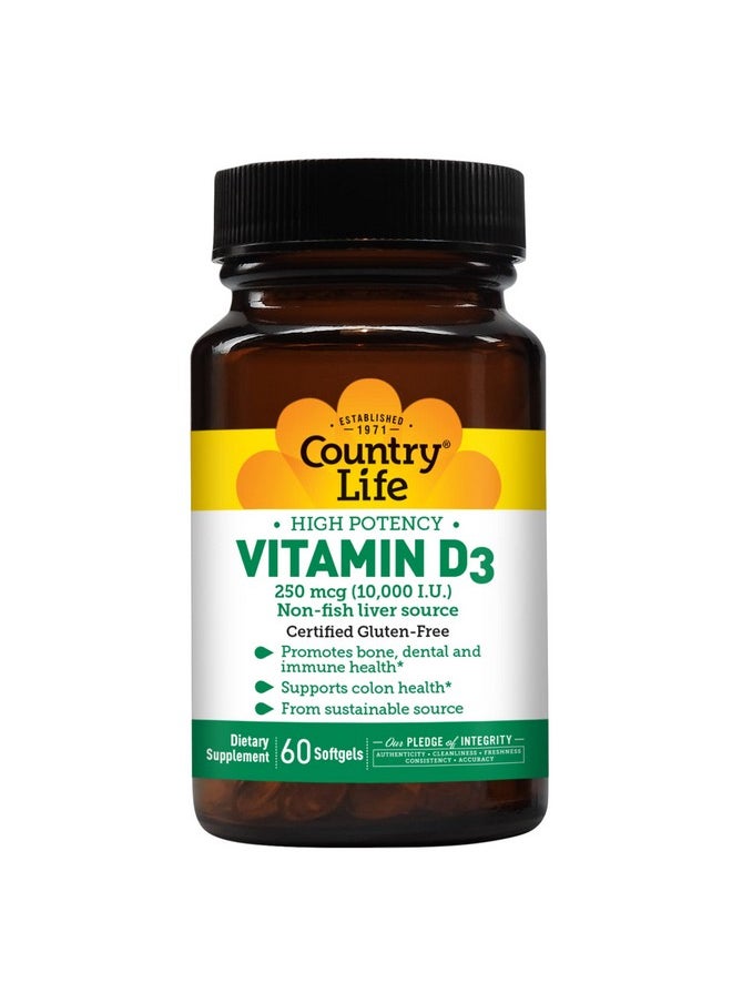 Country Life - Vitamin D3 High Potency Non Fish 10 000 Iu 60 Softgels Certified Gluten Free - Image 1