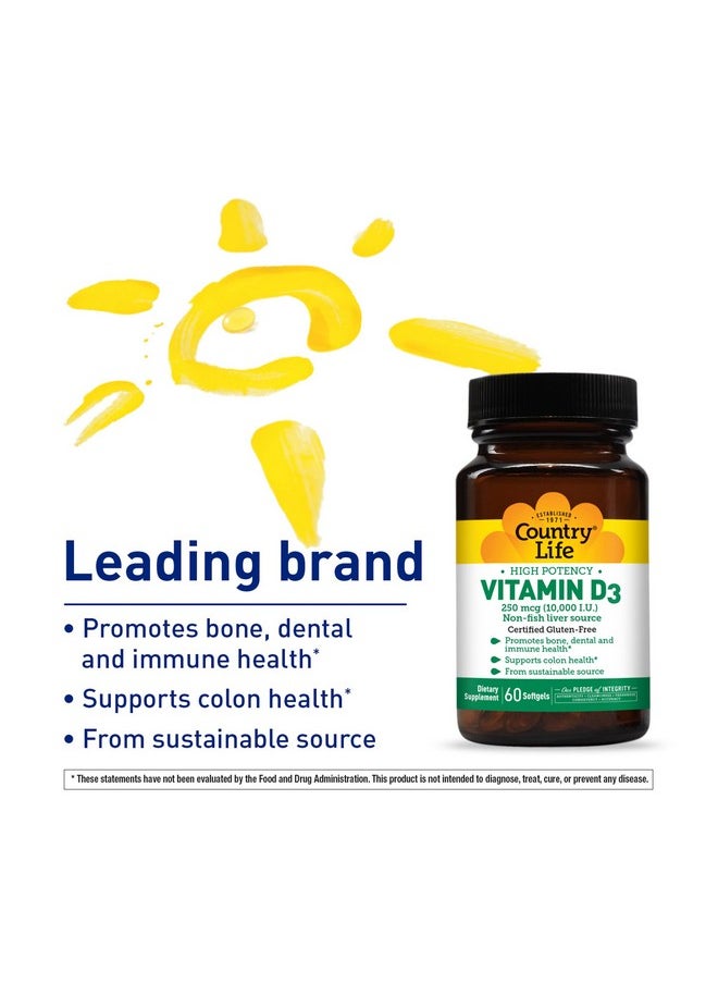 Country Life - Vitamin D3 High Potency Non Fish 10 000 Iu 60 Softgels Certified Gluten Free - Image 1