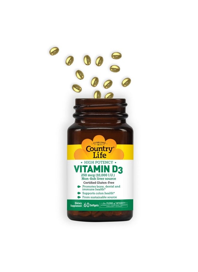 Country Life - Vitamin D3 High Potency Non Fish 10 000 Iu 60 Softgels Certified Gluten Free - Image 1