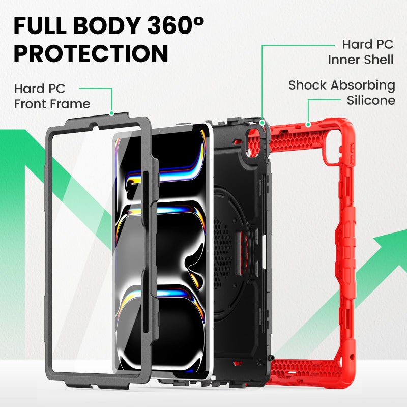 SEYMAC Case for iPad Pro 13 Inch M5 2025 / M4 2024, Heavy Duty Shockproof Protective Case with Screen Protector, 360Â° Rotating Stand, Hand/Shoulder Strap and Pen Holder, Red - Image 5