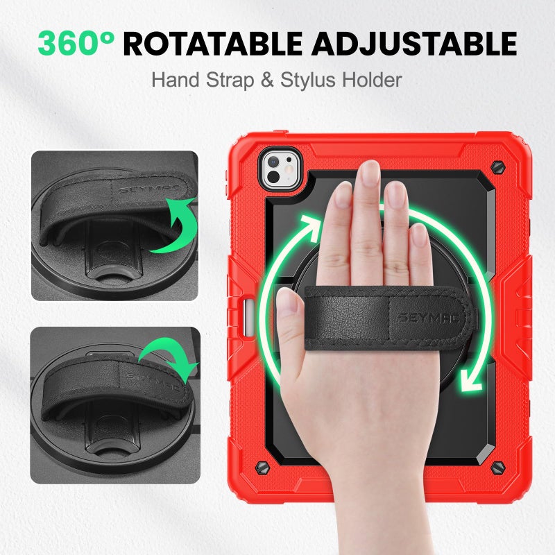 SEYMAC Case for iPad Pro 13 Inch M5 2025 / M4 2024, Heavy Duty Shockproof Protective Case with Screen Protector, 360Â° Rotating Stand, Hand/Shoulder Strap and Pen Holder, Red - Image 3