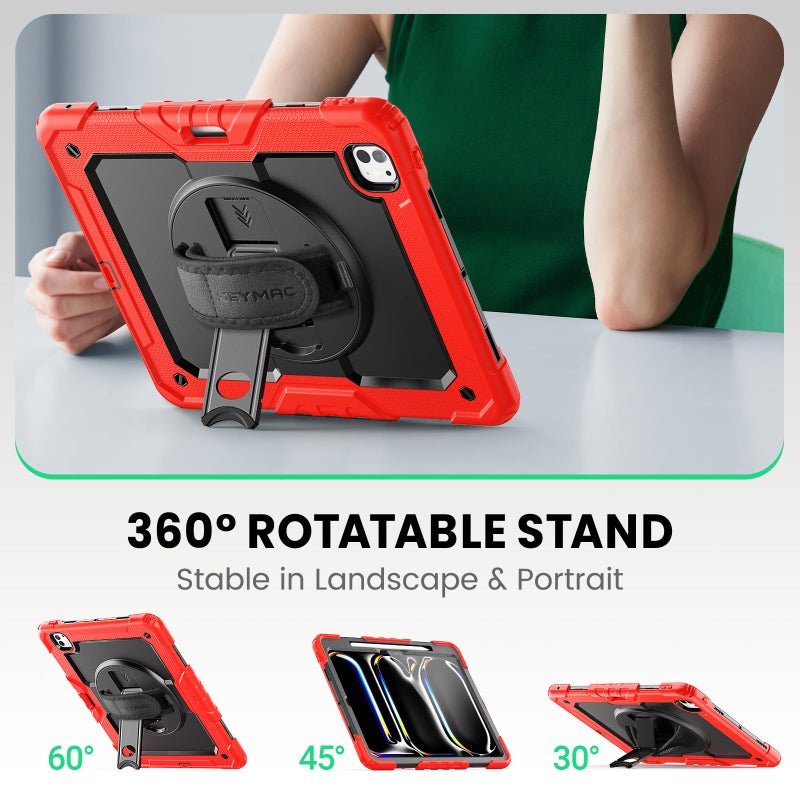 SEYMAC Case for iPad Pro 13 Inch M5 2025 / M4 2024, Heavy Duty Shockproof Protective Case with Screen Protector, 360Â° Rotating Stand, Hand/Shoulder Strap and Pen Holder, Red - Image 4