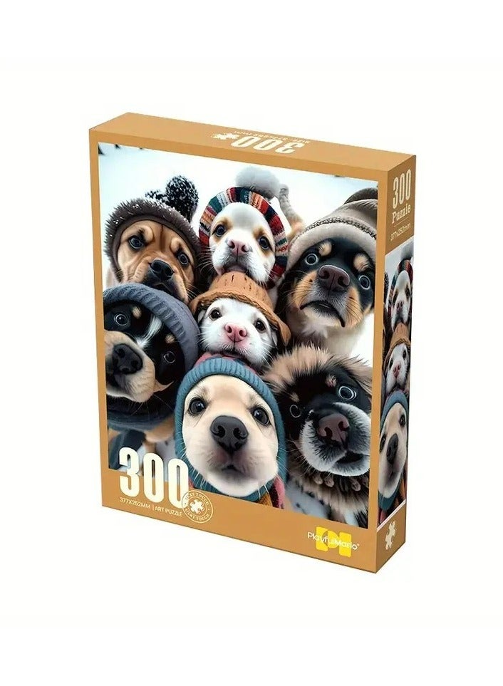 Jigsaw Cute Winter Puppies In Knitted Hats Puzzle for Kids and Adults 300 Pieces Puzzle Silk Touch Unique Design with High QuaIncludes Bonus Puzzle Sticker Sheet  - Image 1