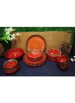 Caffeine Caffeine Ceramic Handmade Stoneware Red Green Tribal Combo Dinner Set (15 pcs. Dishwasher & Microwave Safe)  - Image 1