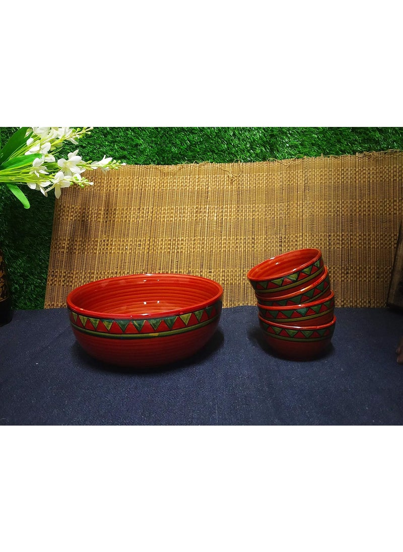 Caffeine Caffeine Ceramic Handmade Stoneware Red Green Tribal Combo Dinner Set (15 pcs. Dishwasher & Microwave Safe)  - Image 3