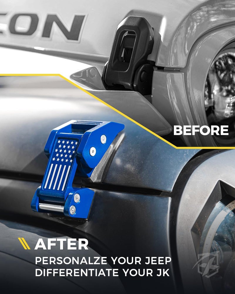 Xprite Aluminum Blue Hood Latches with U.S. Flag, Adjustable Hood Latch Catches Kit Compatible with Jeep Wrangler JK JKU 2007-2018 & Jeep Wrangler JL JLU 2018-2021 Gladiator JT - Image 2