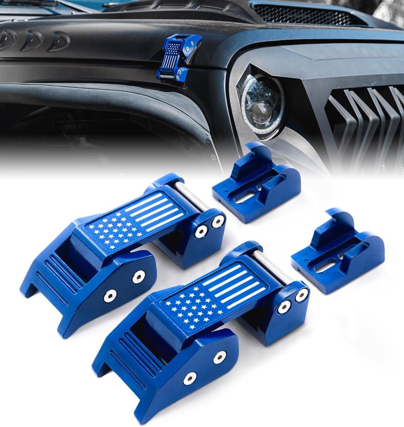 Xprite Aluminum Blue Hood Latches with U.S. Flag, Adjustable Hood Latch Catches Kit Compatible with Jeep Wrangler JK JKU 2007-2018 & Jeep Wrangler JL JLU 2018-2021 Gladiator JT - Image 1