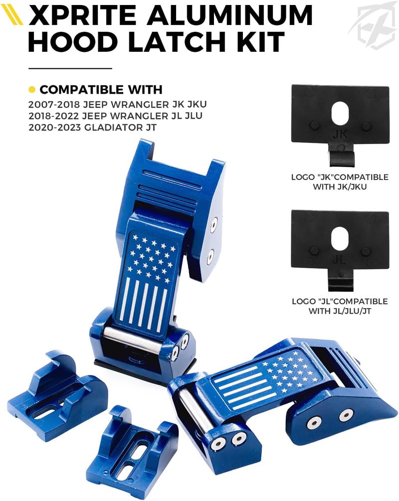 Xprite Aluminum Blue Hood Latches with U.S. Flag, Adjustable Hood Latch Catches Kit Compatible with Jeep Wrangler JK JKU 2007-2018 & Jeep Wrangler JL JLU 2018-2021 Gladiator JT - Image 5