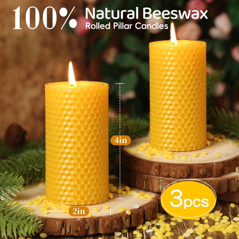 MAKALONE 3 Pack Natural Beeswax Pillar Candles,Handmade Pure Beeswax Rolled Candle-60 Hours Long Burning,Honeycomb Bees Wax Candles for Home, Prayer,Dripless Smokeless Unscented Pillar Candle 2x4in - Image 3