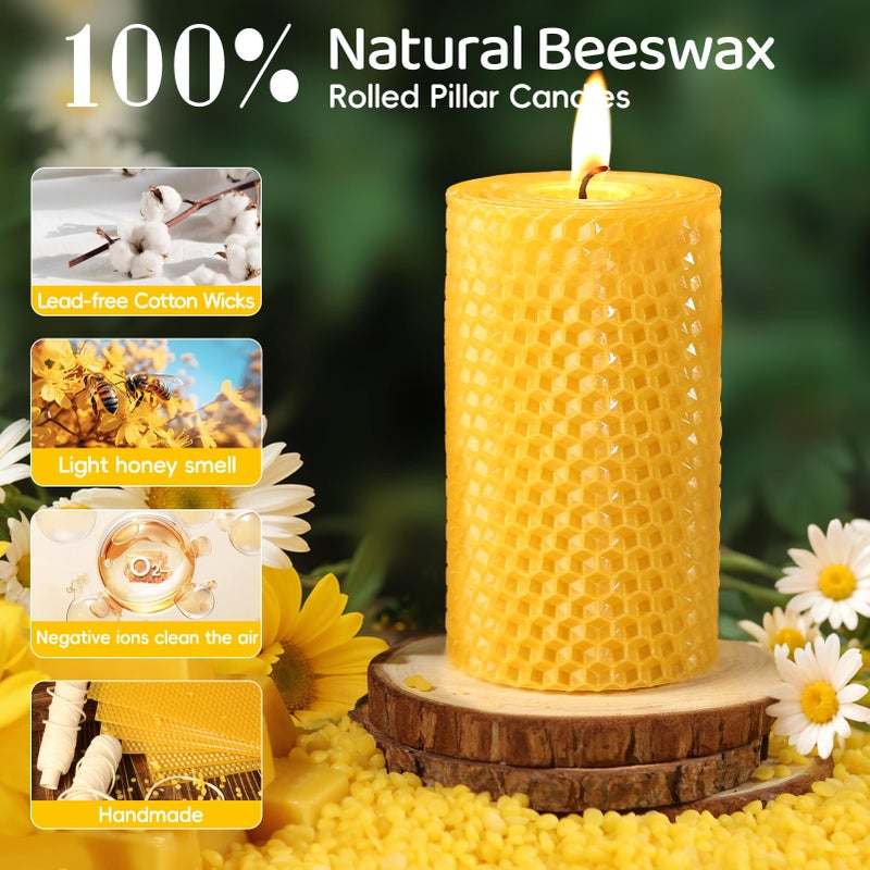 MAKALONE 3 Pack Natural Beeswax Pillar Candles,Handmade Pure Beeswax Rolled Candle-60 Hours Long Burning,Honeycomb Bees Wax Candles for Home, Prayer,Dripless Smokeless Unscented Pillar Candle 2x4in - Image 2