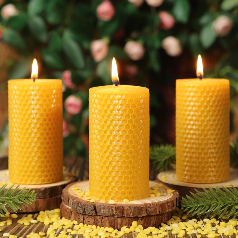 MAKALONE 3 Pack Natural Beeswax Pillar Candles,Handmade Pure Beeswax Rolled Candle-60 Hours Long Burning,Honeycomb Bees Wax Candles for Home, Prayer,Dripless Smokeless Unscented Pillar Candle 2x4in - Image 1