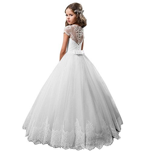 PLwedding Flower Girl Dress Kids Lace Beaded Pageant Ball Gowns (Size 12, White) - Image 2