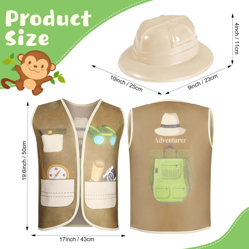 Coume 12 Pcs Kids Safari Dress Costume - 6 Safari Hats & 6 Vests for Theme Jungle Birthday & Halloween Parties - Image 3