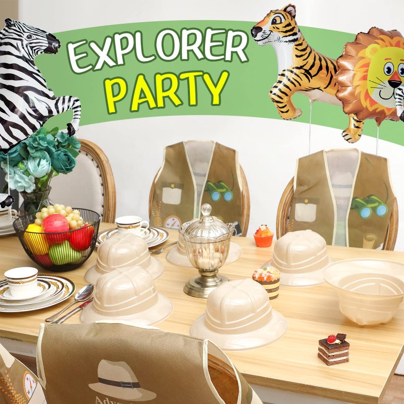 Coume 12 Pcs Kids Safari Dress Costume - 6 Safari Hats & 6 Vests for Theme Jungle Birthday & Halloween Parties - Image 4