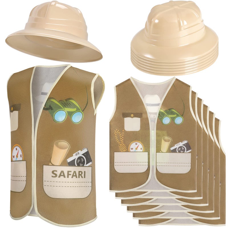 Coume 12 Pcs Kids Safari Dress Costume - 6 Safari Hats & 6 Vests for Theme Jungle Birthday & Halloween Parties - Image 1