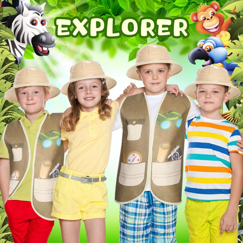 Coume 12 Pcs Kids Safari Dress Costume - 6 Safari Hats & 6 Vests for Theme Jungle Birthday & Halloween Parties - Image 2