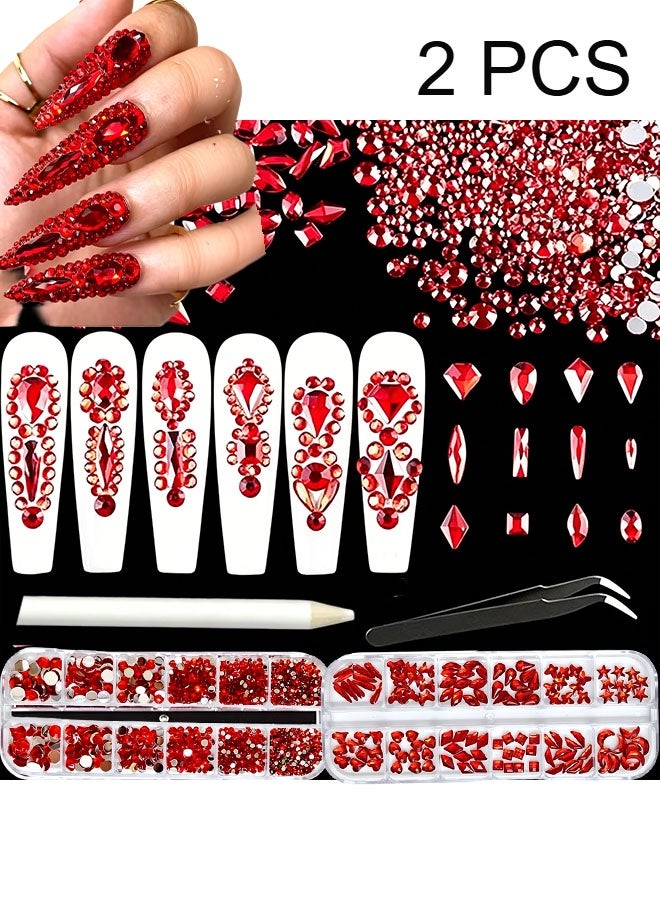 Happy D 2PCS 12grids Red Nail Gems Rhinestones 2/3/4/5mm Flat-Back Nail Crystal Diamond SS6/10/16/20/30 Mixed Luxury Glass Rhinestones Charms - Image 1