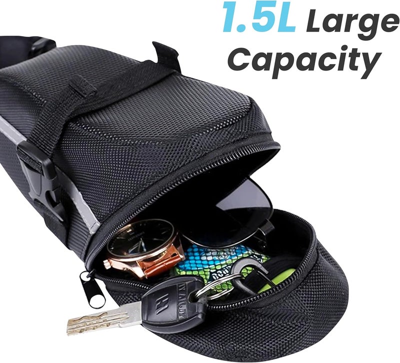Azonee Bike Seat Bag - Durable Bicycle Saddle Bag Under Seat Storage Pouch for Mountain & Road Bike, 1.5L Capacity Pouch Wedge Pack with Reflective Straps, Easy Installation - Black - Image 2
