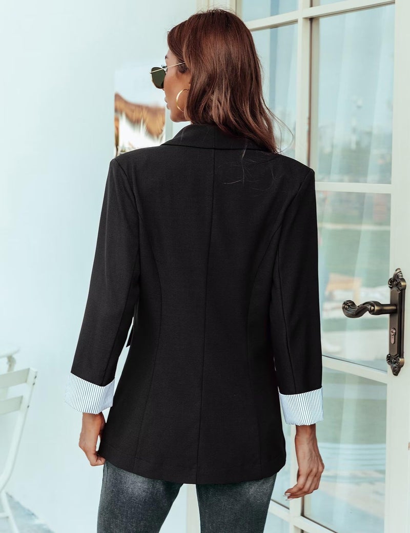 Genhoo Black Blazer for Women Lapel Collar Coat Long Sleeve Blazer Outerwear Black L - Image 4