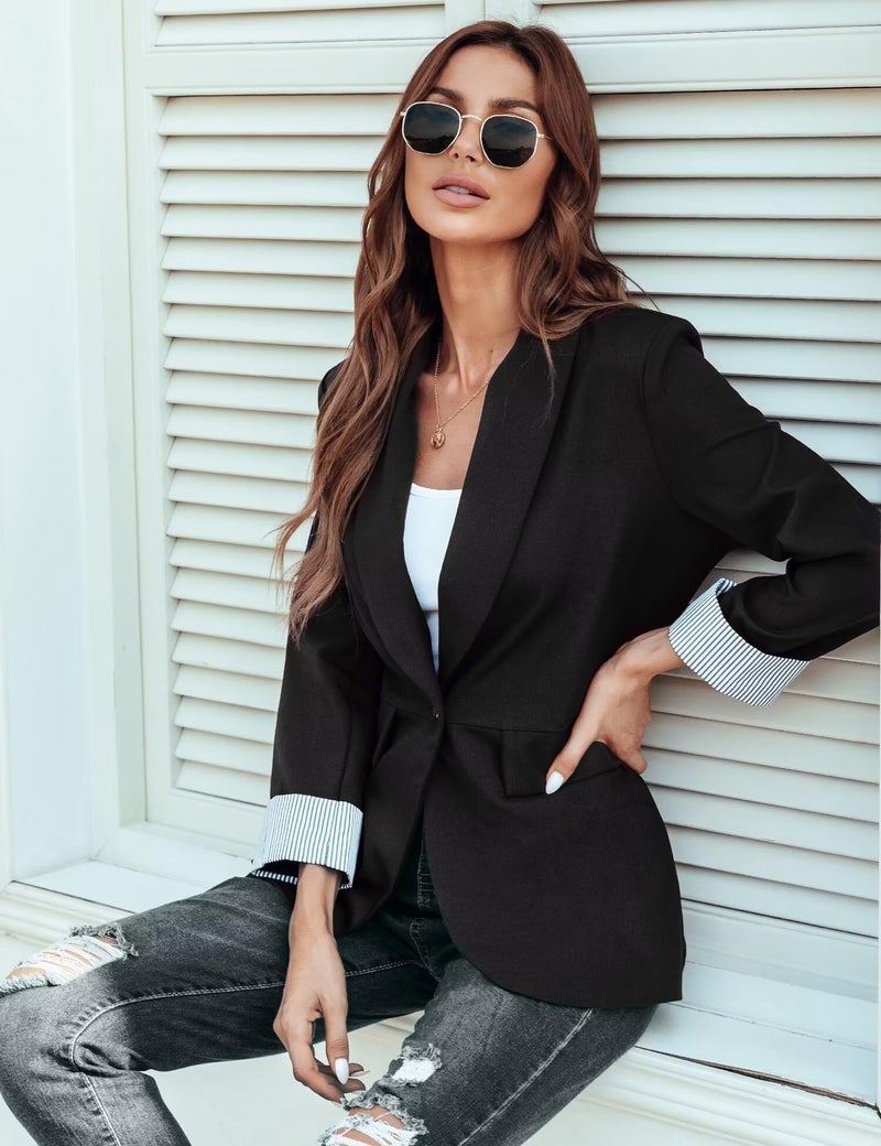 Genhoo Black Blazer for Women Lapel Collar Coat Long Sleeve Blazer Outerwear Black L - Image 3