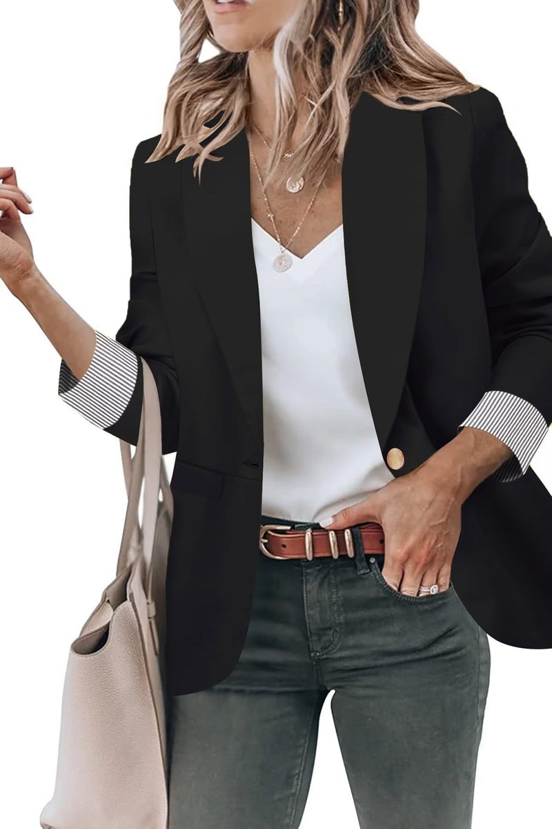 Genhoo Black Blazer for Women Lapel Collar Coat Long Sleeve Blazer Outerwear Black L - Image 1