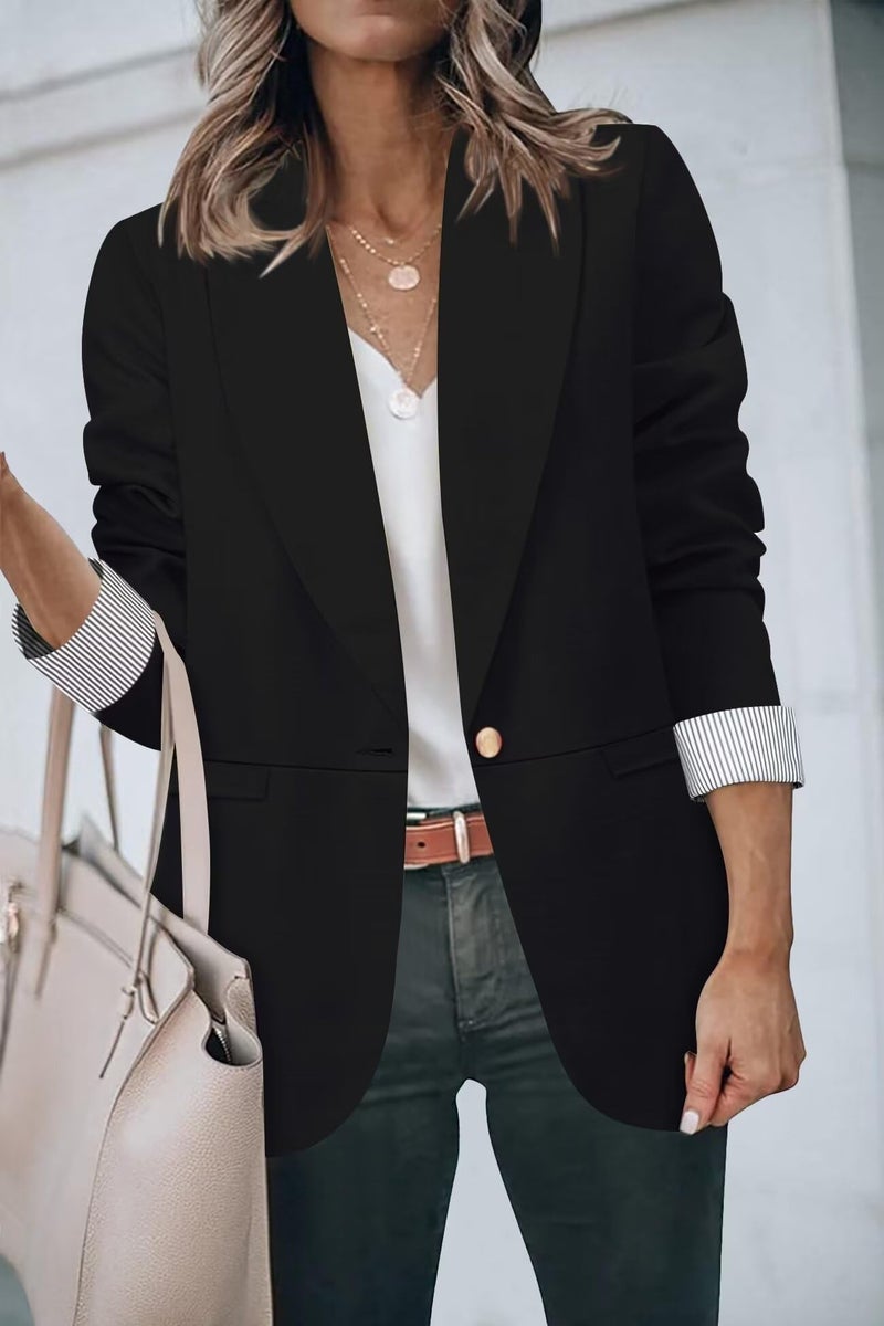 Genhoo Black Blazer for Women Lapel Collar Coat Long Sleeve Blazer Outerwear Black L - Image 2