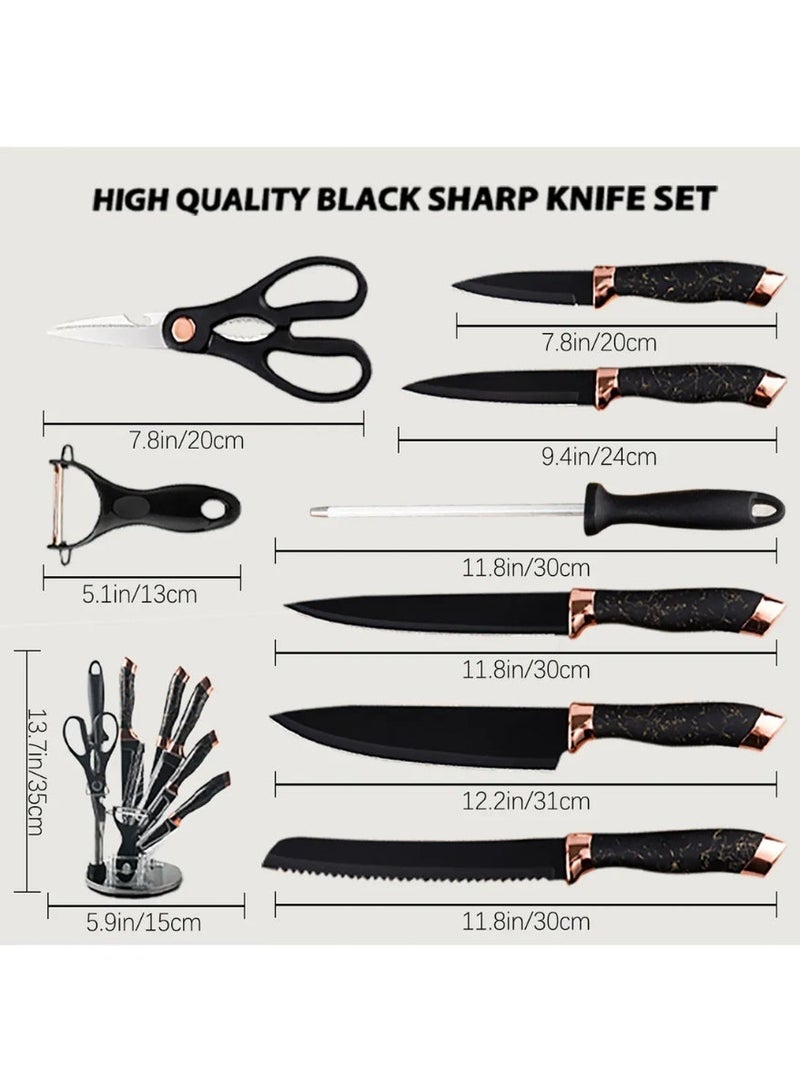 مجموعة سكين المطبخ ، 9 قطعة أسود مقبض مقبض سكين مجموعة للمطبخ ، مجموعة سكين الطبخ غير اللاصق الحادة للغاية مع هدية الأكريليك الوقوف لأصدقاء العائلة المحبي - Image 2