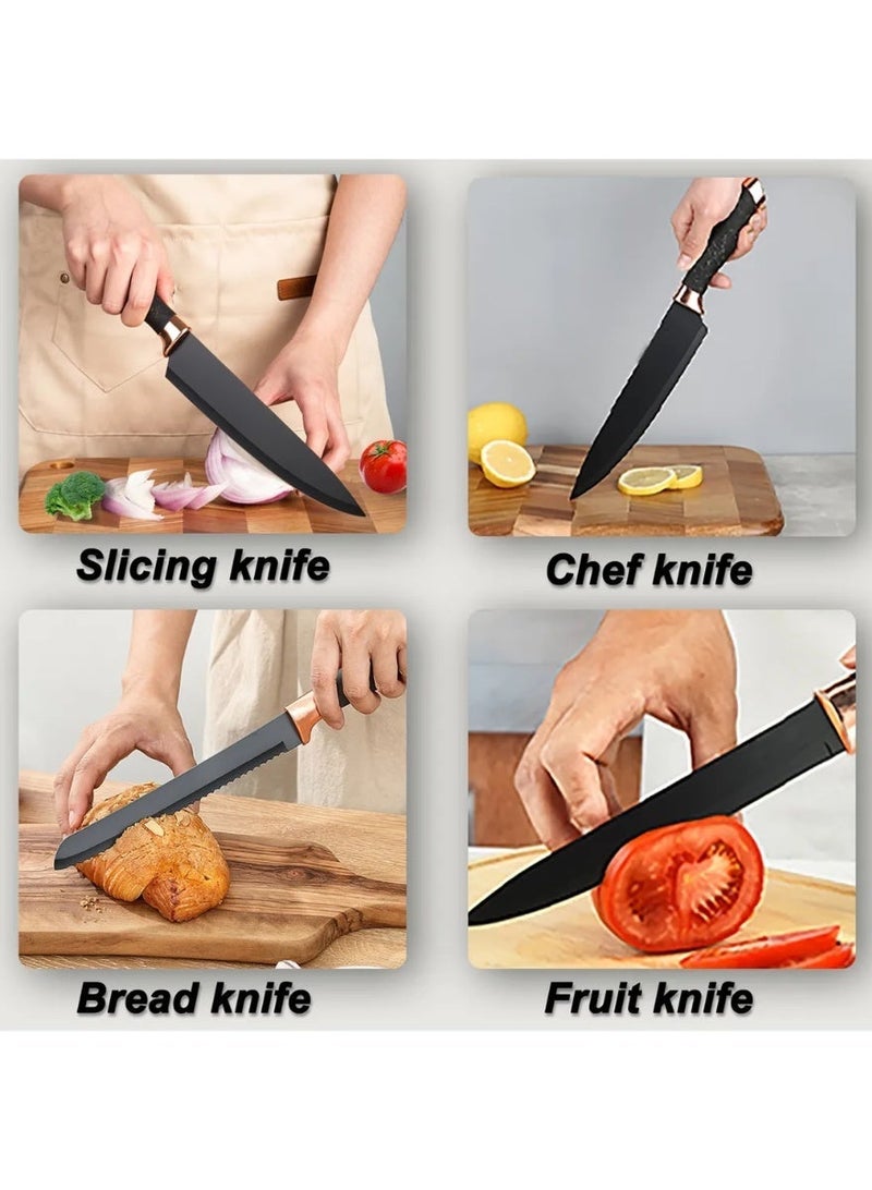 مجموعة سكين المطبخ ، 9 قطعة أسود مقبض مقبض سكين مجموعة للمطبخ ، مجموعة سكين الطبخ غير اللاصق الحادة للغاية مع هدية الأكريليك الوقوف لأصدقاء العائلة المحبي - Image 4
