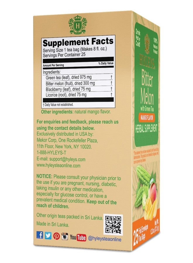 Hyleys Bitter Melon with Green Tea - Mango Flavor - 25 Tea Bags - Supports Healthy Liver Function - Herbal Supplement - (6 Pack - 150 Tea Bags Total) - Image 3
