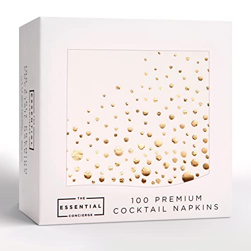 The Essential Concierge Stylish Gold Cocktail Napkins, 100 Disposable Party Napkins, Gold Dessert Napkins, 3-Ply, 5x5 Inch White and Gold Napkins, Disposable Wedding Cocktail Napkins, Party, Shower or Gold Beverage Napkins - Image 1