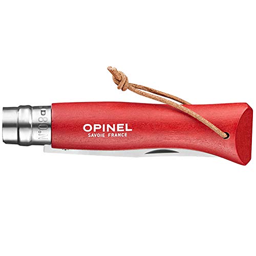 Opinel Colorama No.08 Folding Pocket Knife, Painted Wood Handles, Leather Lanyard (Red) - Image 2