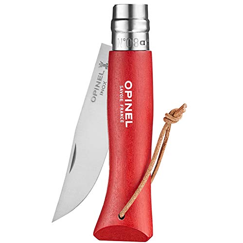 Opinel Colorama No.08 Folding Pocket Knife, Painted Wood Handles, Leather Lanyard (Red) - Image 3