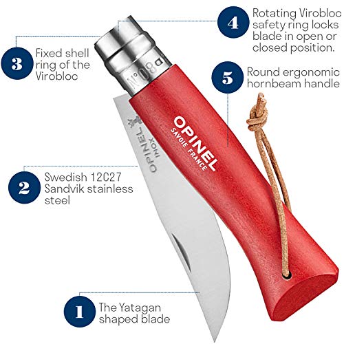 Opinel Colorama No.08 Folding Pocket Knife, Painted Wood Handles, Leather Lanyard (Red) - Image 4
