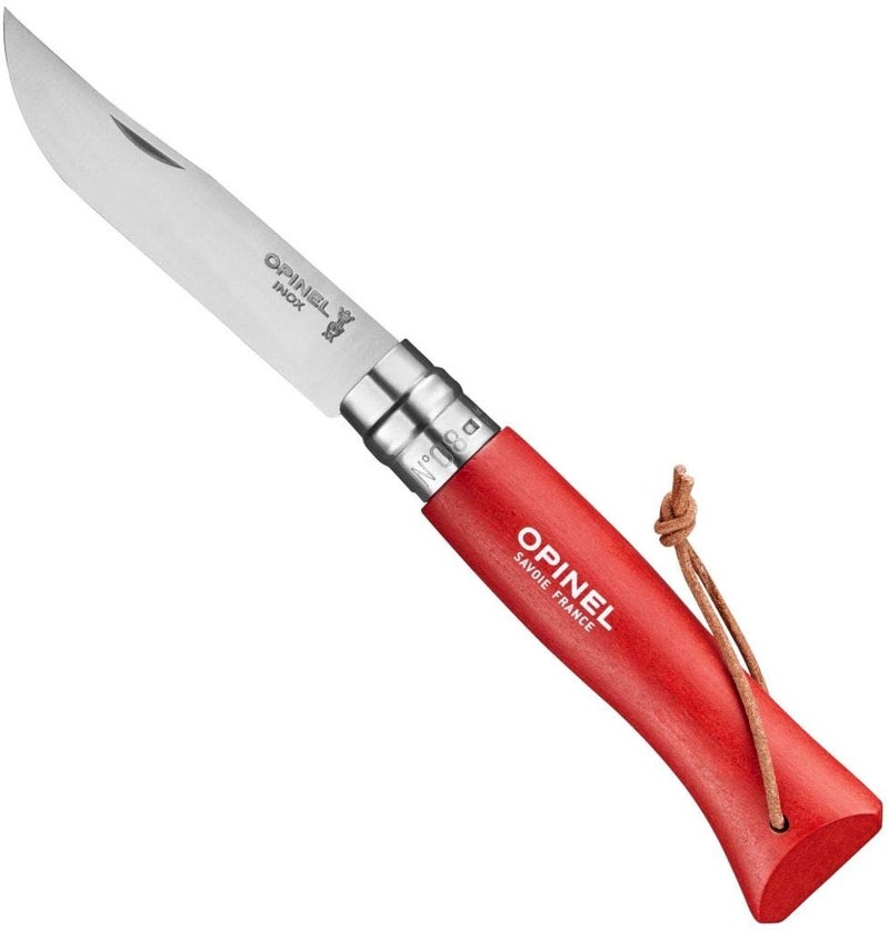 Opinel Colorama No.08 Folding Pocket Knife, Painted Wood Handles, Leather Lanyard (Red) - Image 1