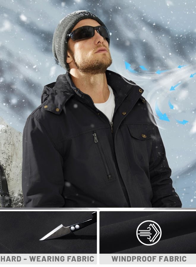 Tacvasen Men's Winter Jacket Cotton Military Jackets Fleece Lined Thick Work Warm Cargo Coats with Hooded, B.148 Black, L - Image 4