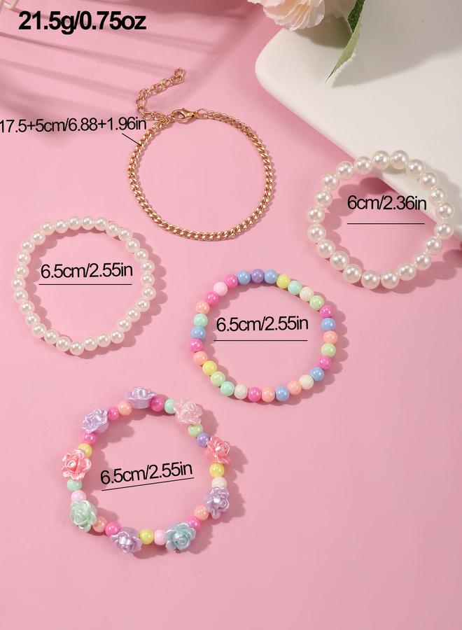 Take Two Pack of 5 - Gilrs Multi-Color Pastel Flower and Bead Bracelet - Image 3
