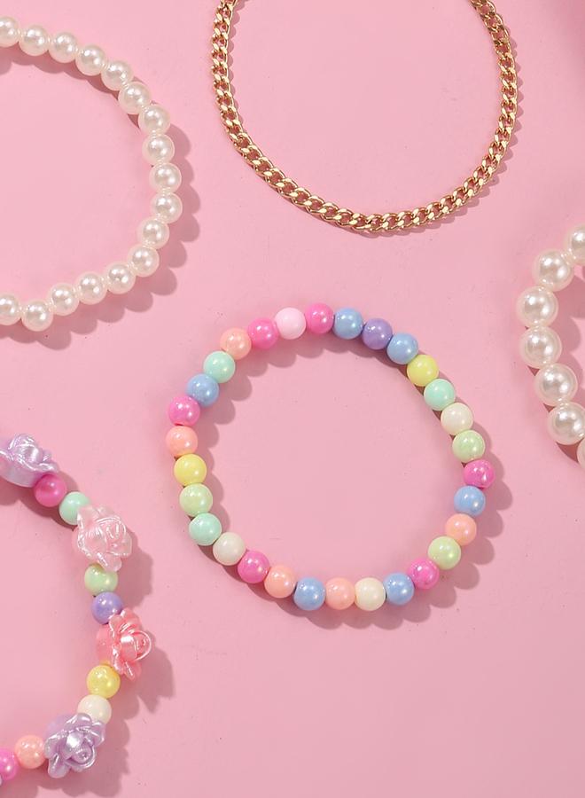 Take Two Pack of 5 - Gilrs Multi-Color Pastel Flower and Bead Bracelet - Image 2