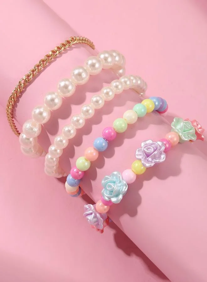 Pack of 5 - Gilrs Multi-Color Pastel Flower and Bead Bracelet