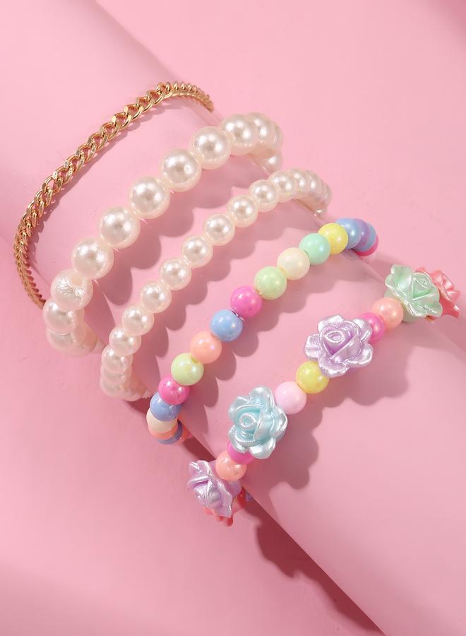 Take Two Pack of 5 - Gilrs Multi-Color Pastel Flower and Bead Bracelet - Image 1