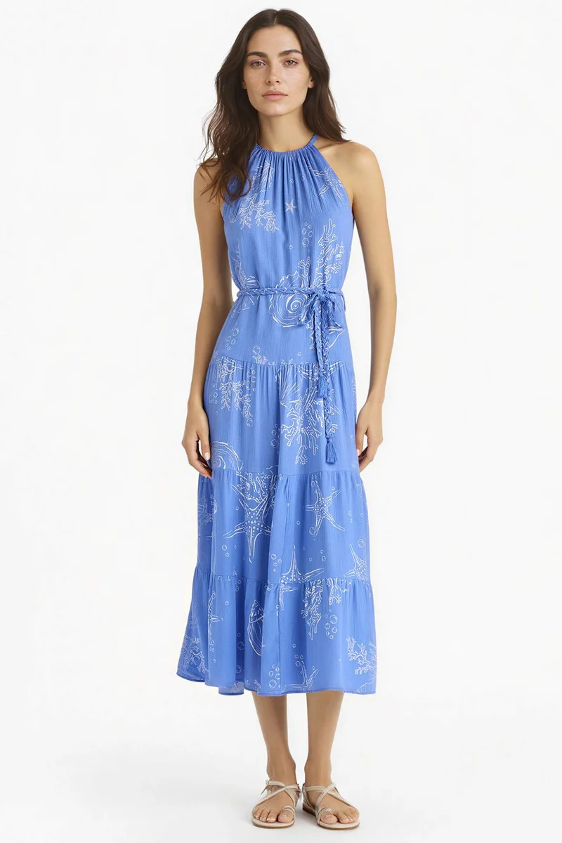 ديفاكتو Halter Neck Printed Crinkle Viscose Sleeveless Midi Dress