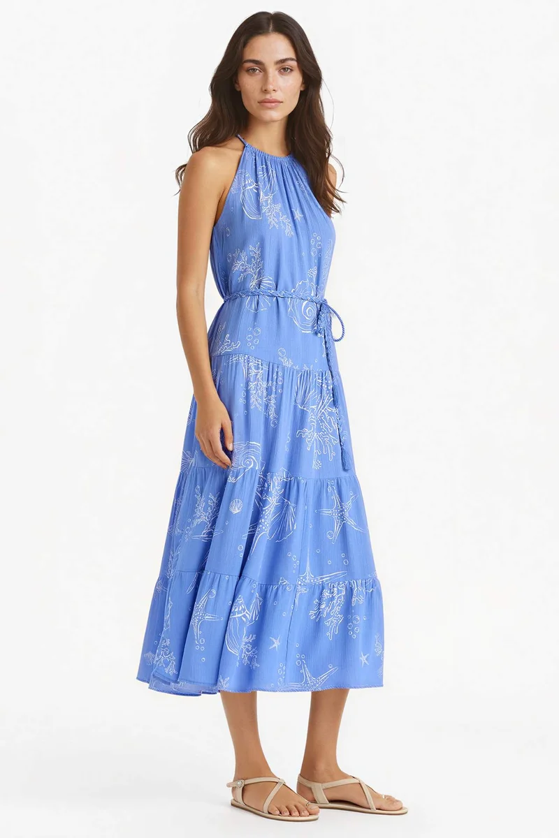 ديفاكتو Halter Neck Printed Crinkle Viscose Sleeveless Midi Dress