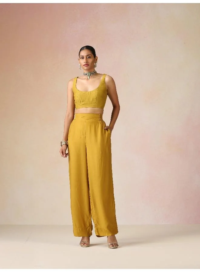 trueBrowns trueBrowns Mustard and Purple Gold Foil Print Muslin Silk Jacket Set