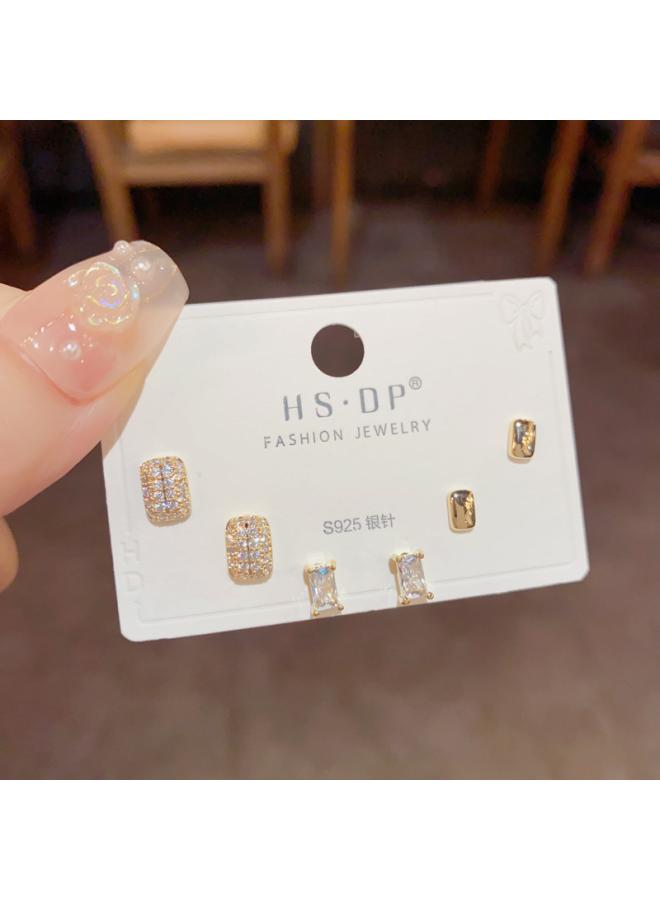 S925 Silver Needle Micro Inlaid Zircon Short Earrings Short Hair Earrings And Korean Elegant All-match Simple Three-piece Set Earrings For Women 