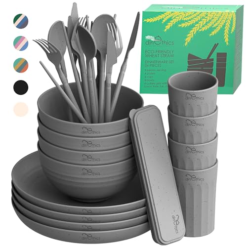 DINETHICS Wheatstraw Dinnerware Set For 4  Dishwasher Microwave Plates For Heating Food  Unbreakable Wheat Straw Plates And Bowls sets  Replace Plastic Dinnerware Set  Camping Dishes Set